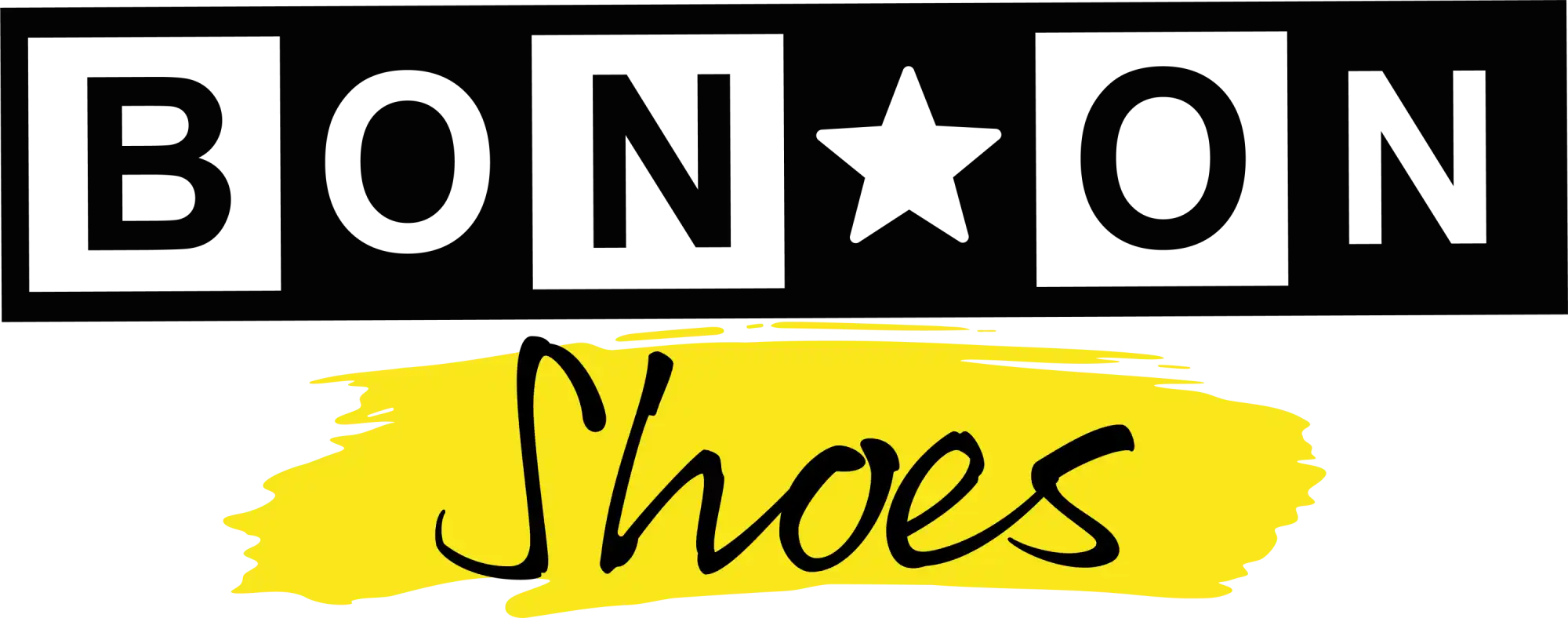 Logo 'BON★ON SHOES' noir et blanc avec du texte en jaune en dessous.